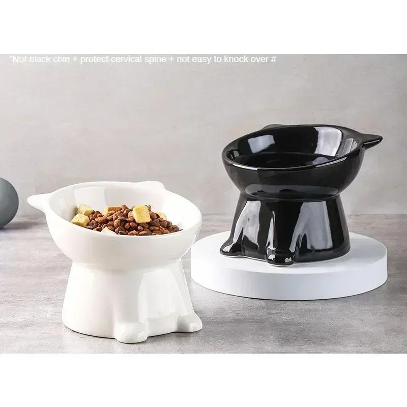 Hot High footed ceramic cat bowl cat shaped pet food bowl slanted mouth anti black chin cat bowl niversal pet bowl for cats dogs