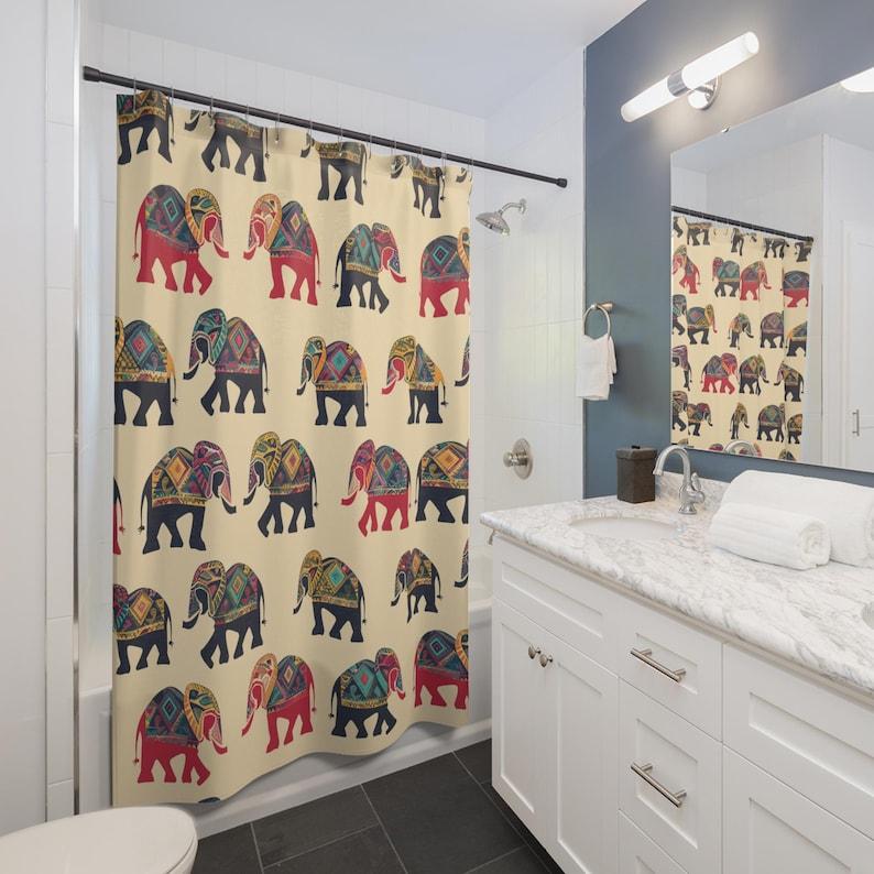 Tonnika Chen Indian Elephant Shower Curtain - Boho Mandala Marching Design, Vibrant Cultural Bohemian Bathroom Decor