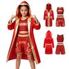 Unisex Kids Fight Wear Floral Vest Shorts Set with Hooded Robe Belt Metallic Trim for Boxing Kickboxing Practice