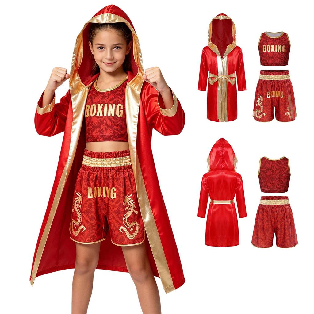 Unisex Kids Fight Wear Floral Vest Shorts Set with Hooded Robe Belt Metallic Trim for Boxing Kickboxing Practice