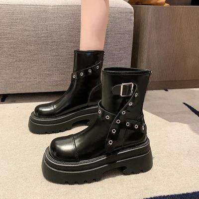 Mode 2024 Neue Damen Chelsea Boots Dickes Leder Neue Herbst Winter Mode Damen Stiefeletten Retro Plateau Stiefel Damen
