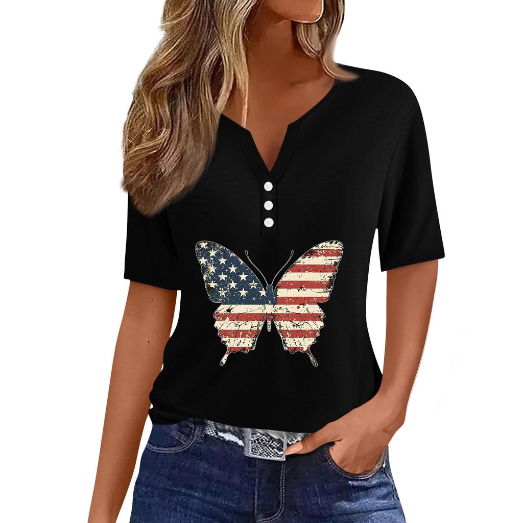 Women's T Shirt Tee Independence Day Print Button Short Sleeve Daily Weekend Fashion Basic V-Neck Regular Top