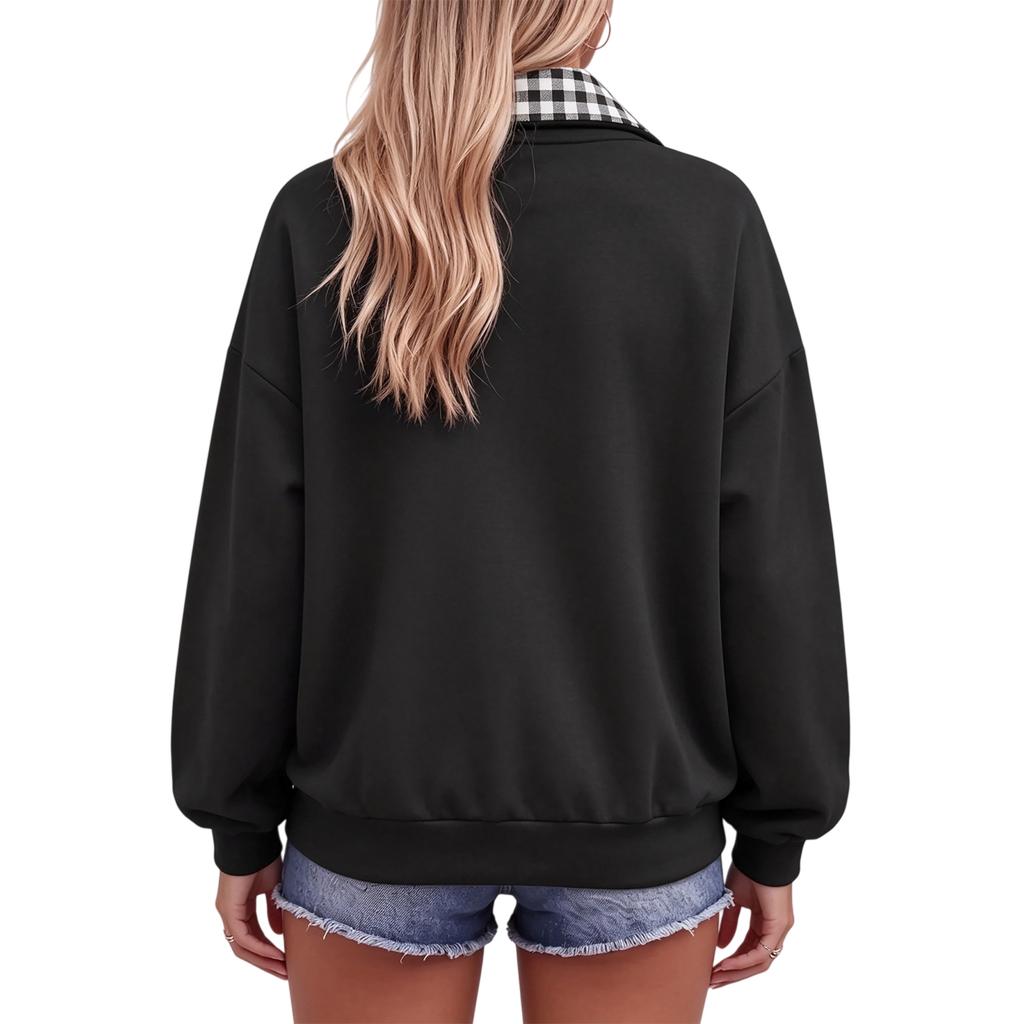 Women's Plaid Collared Pullover Sweatshirt Loose Fit Casual Fall Top