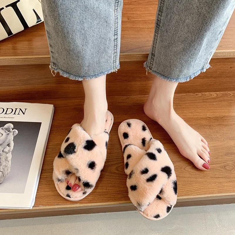 Flat Fluffy Fur Slippers Women Colorful Cross Tie Warm Furry Slippers Women Winter Flip Flops Home Slides Indoor Floor Shoes