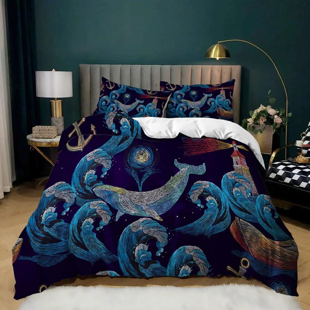 Nautical Theme Bedroom Quilt Cover Set Ocean World Printed Bedding Three-Piece Quilt Cover