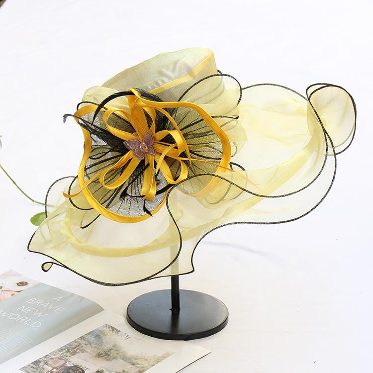 Summer Solid Color Flat Top Hat Big Edge Bow Sunscreen Sun Hat Trendy Brand Organza Sun Hat