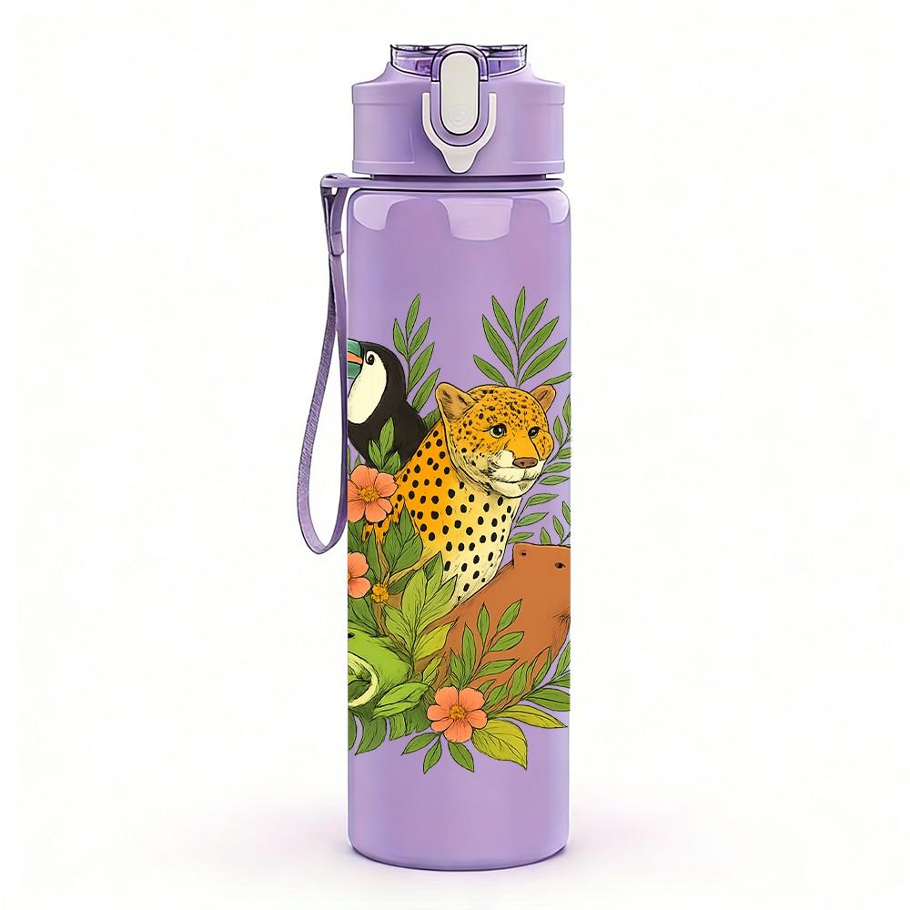 1PC Tropical Leopard Pattern 750ml Color Plastic Sports Water Bottle Leakproof Flip Straw Lid Suitable for Sports Office Home Use