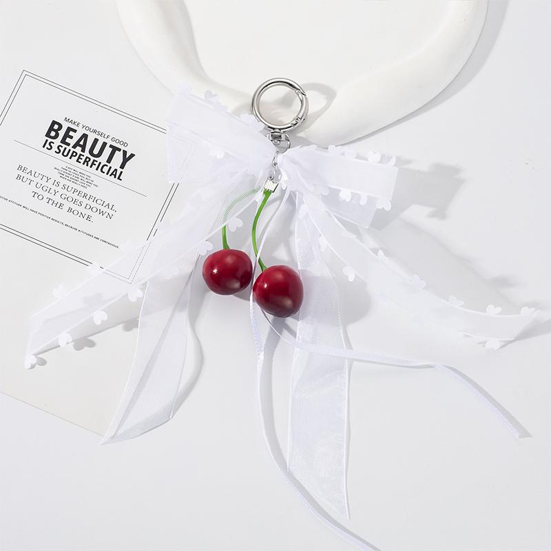 Phone Charms Ribbon Bow Keychain Mesh Leopard Pattern Cherry Pendant Bowknot Heart Keychains Pearl Bow Pendant Women Girls