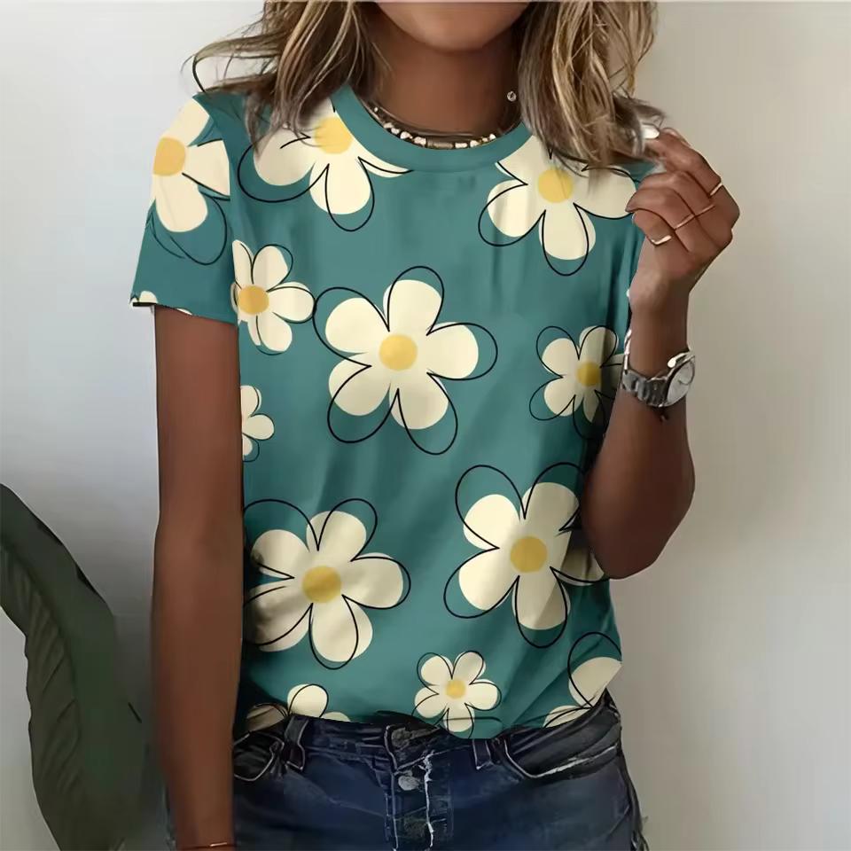 Summer Simple Fresh Style Flower Patter Women Fashionable Comfortable Loose Large Size T-shirt