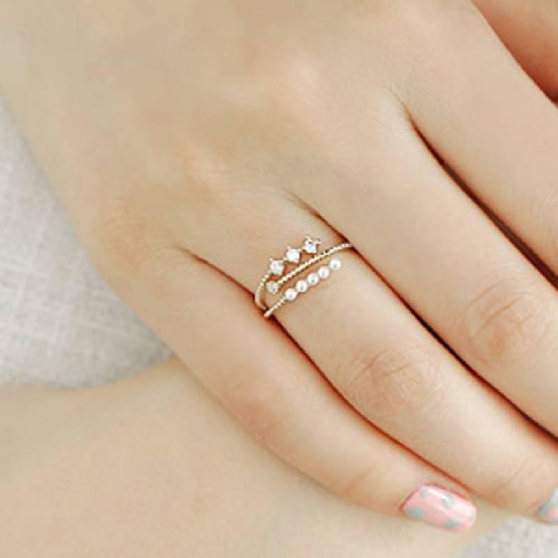 Stylish Korean Fashion Lightweight Adjustable Pearl And Zirconium Ring For Women