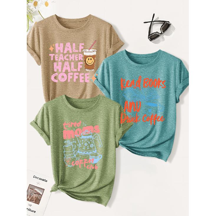 3 Pack of women's summer tops | Healing prints for coffee lovers T Shirt | Cute and trendy casual round-neck short-sleeve suit | 2026 Summer