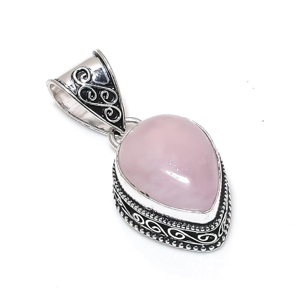 Natural Rose Quartz Gemstone Silver Pendant in 925 Sterling Silver - Handmade Pear Design, Everyday Wear Jewelry Party Wear Gift