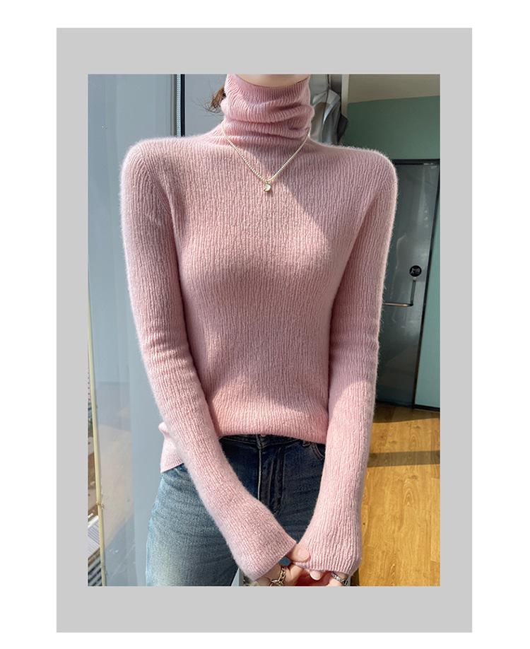 Women's Seamless High Neck Ribbed Knit Wool Sweater - Slim Fit, Textured Base Layer Pullover