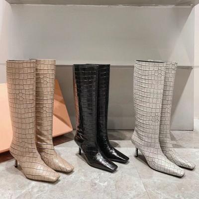 Fashion Stone Pattern Cowhide Black Apricot Knee High Boots Women Autumn Winter Low Heels Square Toe Long Boots Retro Size 34-44 Shoes
