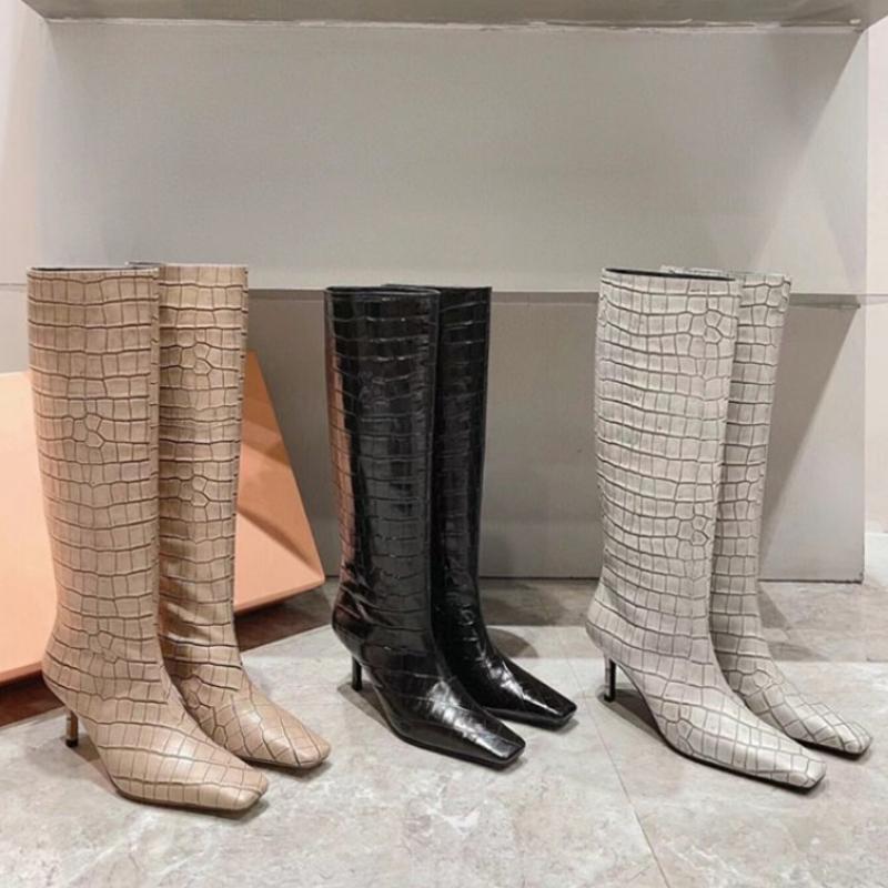Fashion Stone Pattern Cowhide Black Apricot Knee High Boots Women Autumn Winter Low Heels Square Toe Long Boots Retro Size 34-44 Shoes