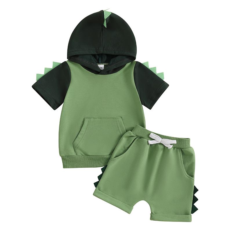 

Baby Boy Summer Clothes Sets Newborn Dinosaur Short Sleeve Hood T-Shirt Elastic Waist Pocket Shorts Outfits 2-3Y зелёный
