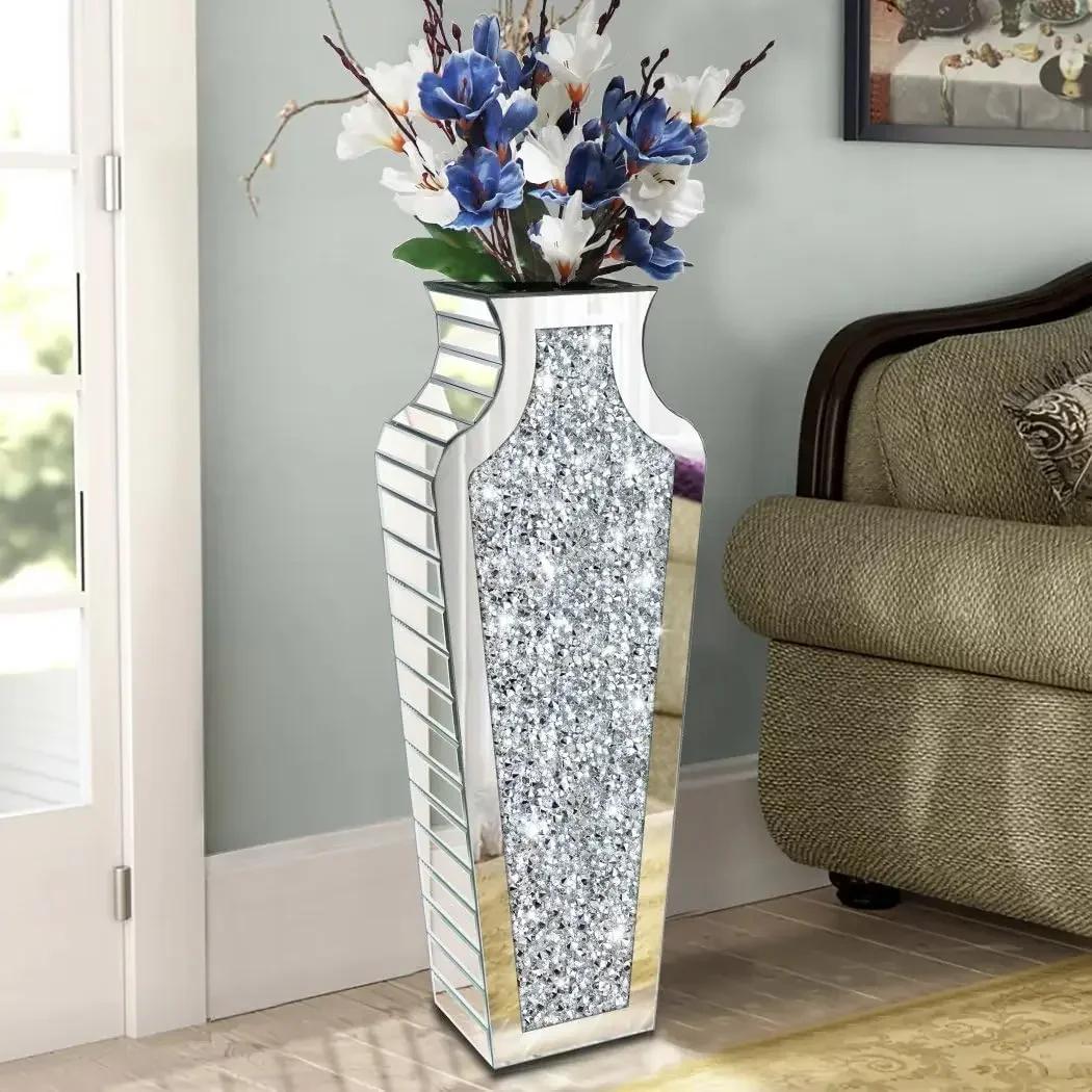 %a Furniture supplies Floor Vase Crushed Diamond Mirrored Vase 27” Tall, Crystal Silver Glass Decorative Mirror Vase Large Size China Mainland