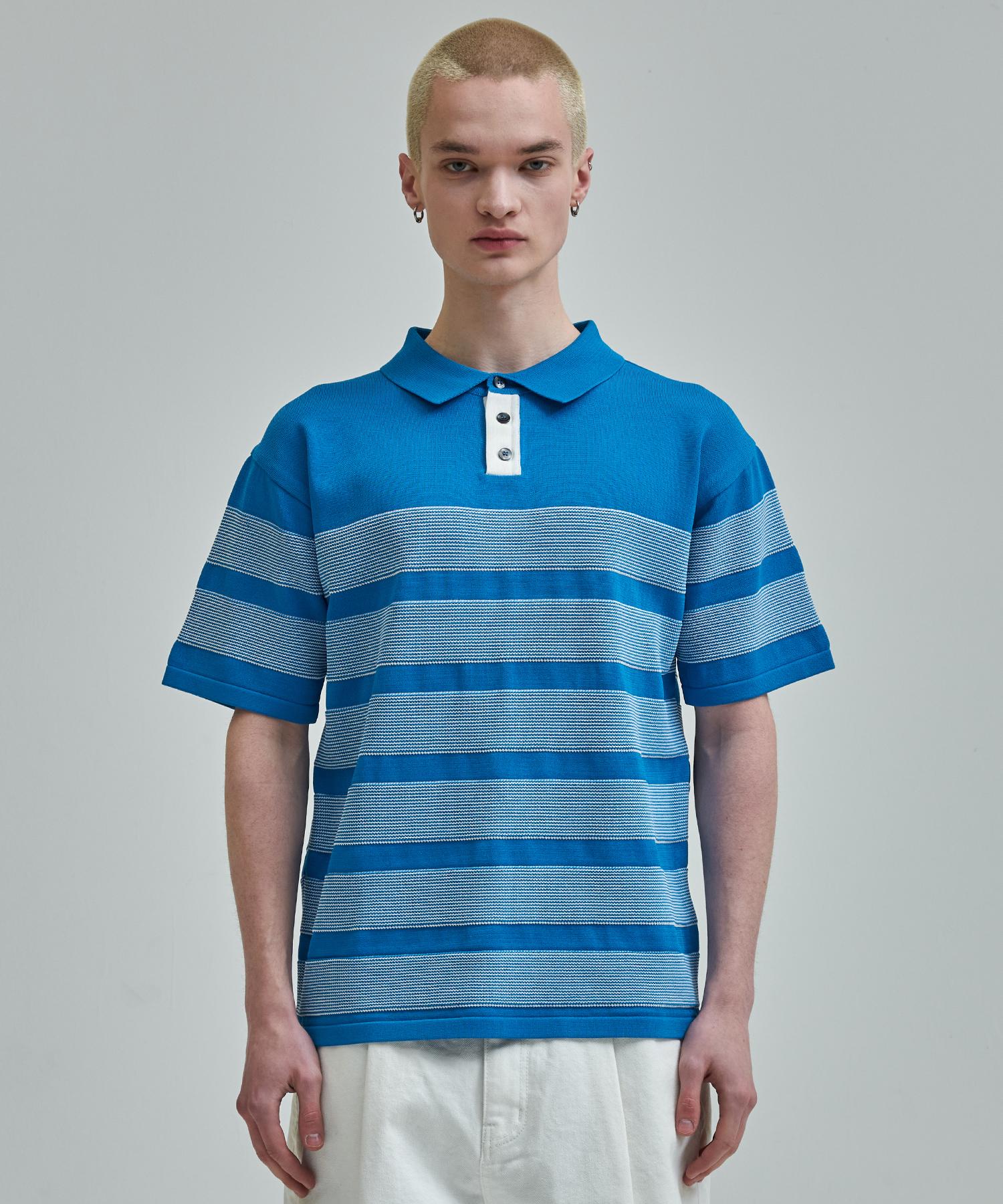 Zensai Striped Polo Knit Blue L