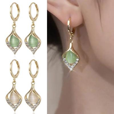 Retro-Diamantohrringe mit Katzenaugenstein und femininem Temperament, Design, Ohrschnalle, internetberühmte Wassertropfenohrringe