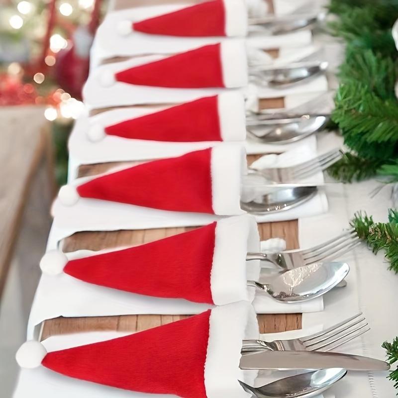50pcs Christmas Hat for Fork Knife Tableware Decorations Plush Mini Santa Hat Family Party Decor New Year Gifts Xmas Hat Gifts