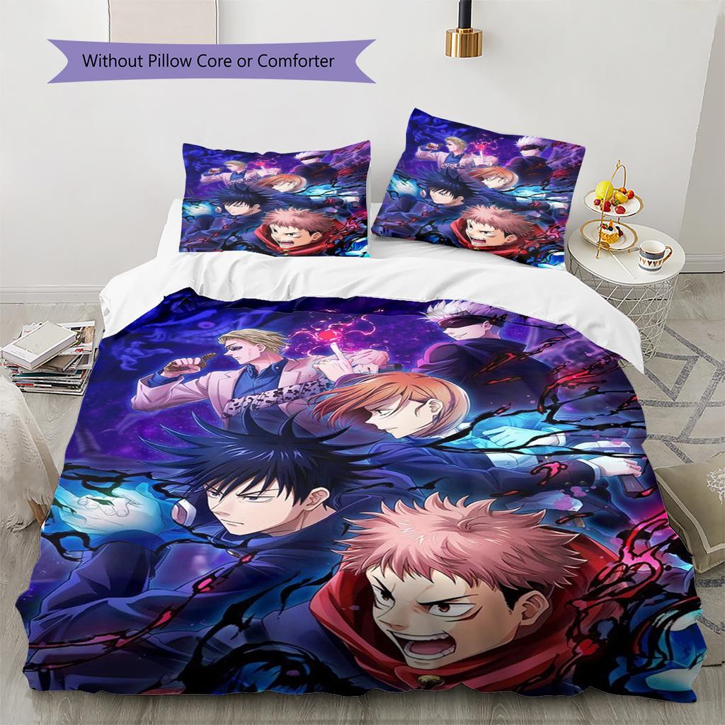 J-Jujutsu K-Kaisens Pattern Bedding Quilt Set Quilt Cover Pillowcase Home Decoration Gift (1 * Duvet Cover + 2 * Pillowcase, Without Core)