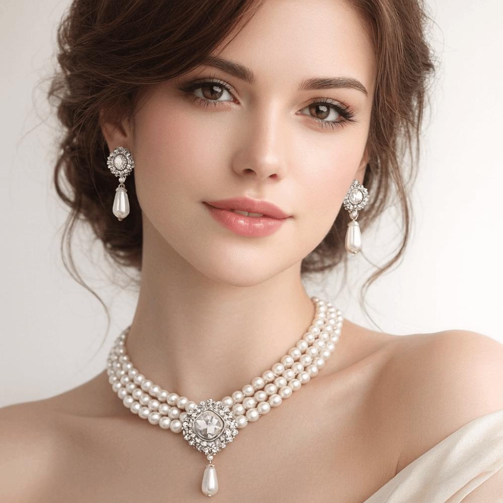Baroque Style Bridal Jewelry Set Rhinestone Pearl Necklace Water Drop Necklace Earring Set  Girls