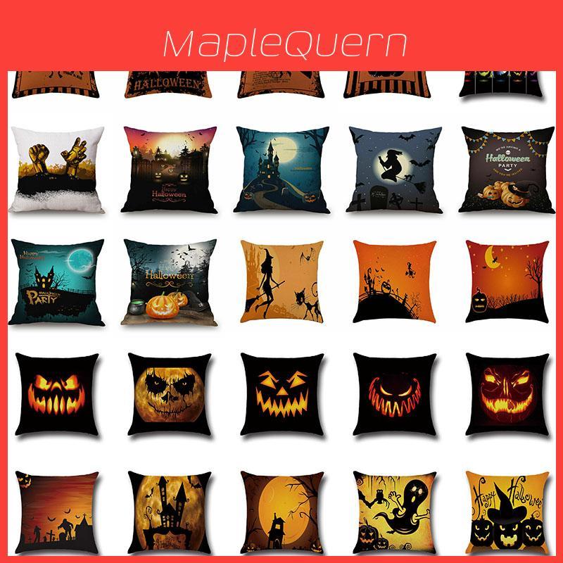 Halloween Witch Castle Linen Throw Pillow Case With Invisible Zipper And Pumpkin Pattern