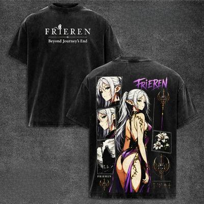 Frieren Kawaii Print T-shirt Anime Frieren Clothing Men Women Cotton Tshirts Retro Washed T Shirt Harajuku Male Oversized Tops