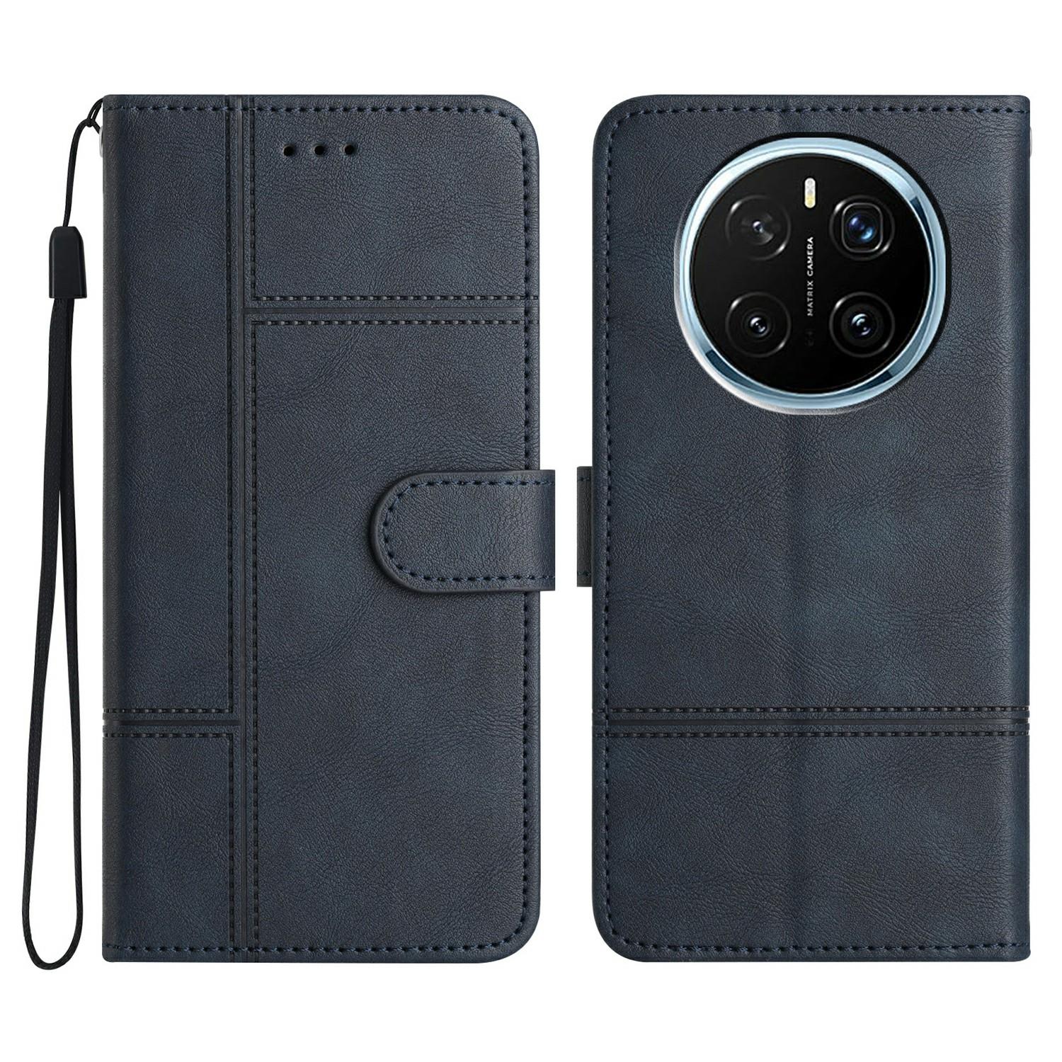 

For Honor Magic7 Pro 5G Case Line Imprinted PU Leather Wallet Phone Cover Blue