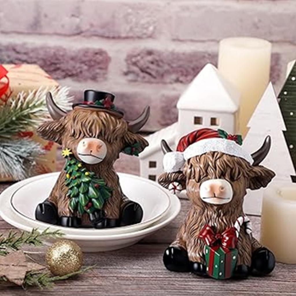 Cow Statue, Christmas Poinsettia Tree Candy Cane Cow Gnome, Scottish Resin Figurine, Ideal For Cattle Enthusiasts, Gift