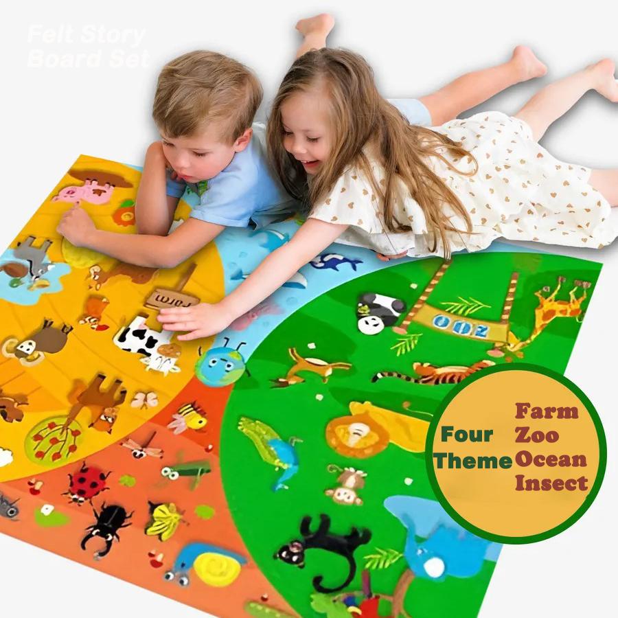 Farm Animals Felt Story Busy Board 4 IN 1 Themed Storytelling Farm Sea Zoo Vehicle Early Learning Interactive Wall Hanging Gifts