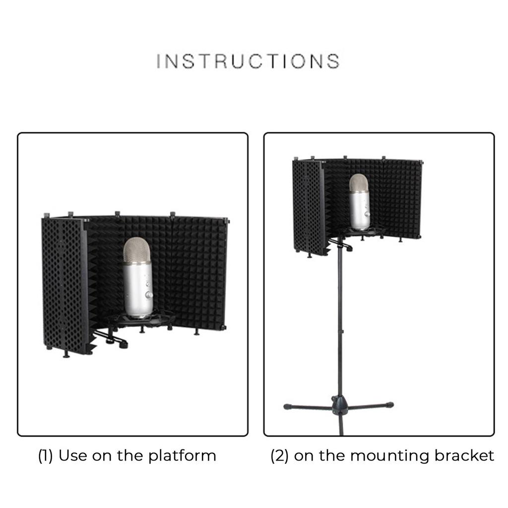 5 Panels Foldable Studio Microphone Isolation Shield Acoustic Foam Sound Absorbing For Recording Live Black 331x1060mm