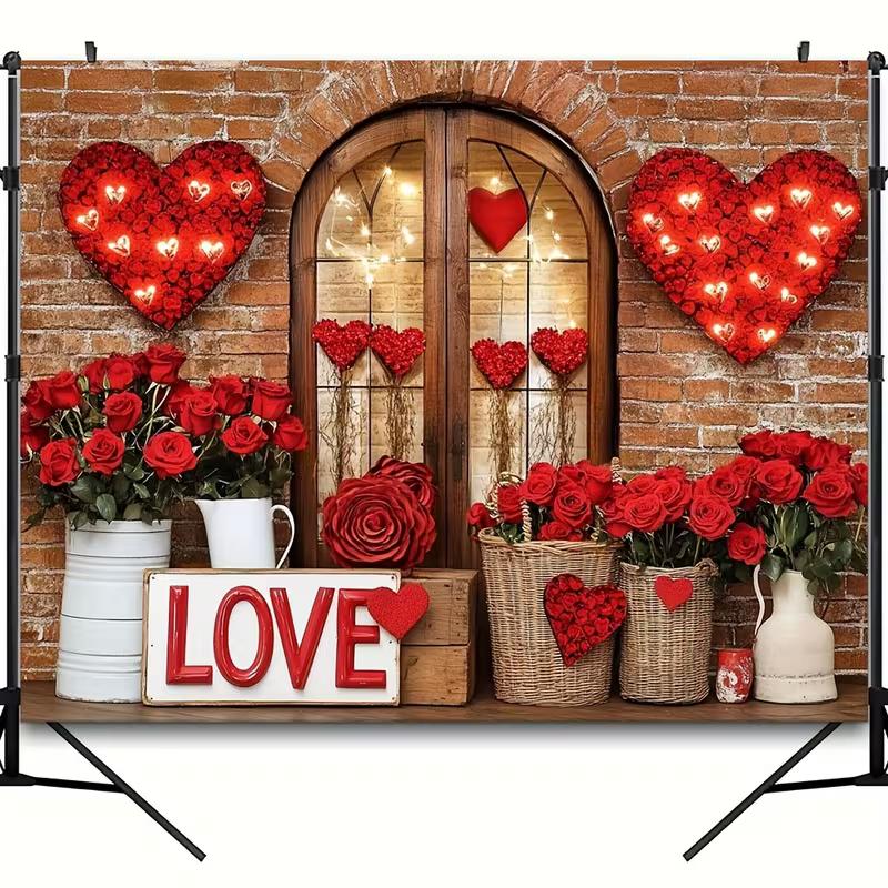 2D LOVE Sign Red Floral Brick Wall Backdrop Valentine's Party Background