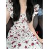 French retro rose small flying sleeve dress for women's Xia Xin waist and thin temperament square neck floral medium and long skirt