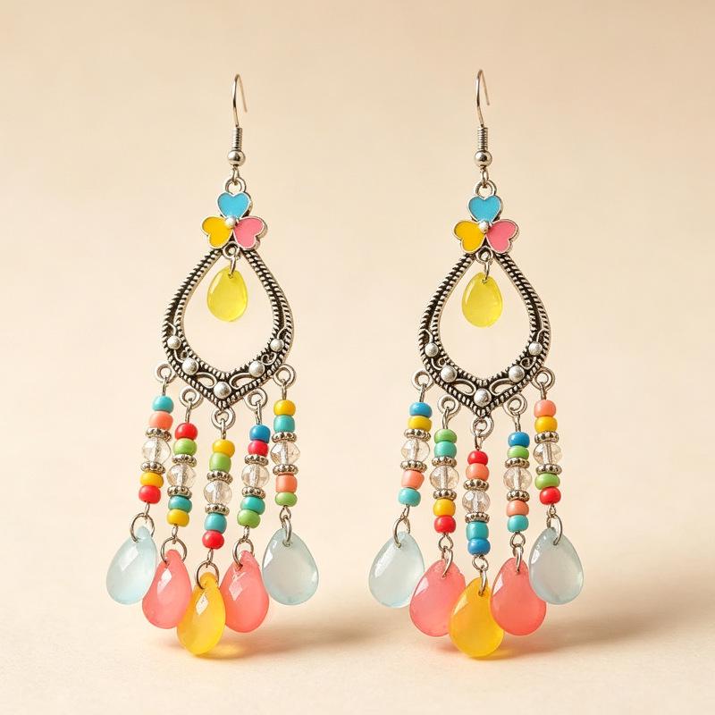 Bohemian Crystal Tassel Earrings - Ethnic Style, Slim Face, Exaggerated Design for Travel