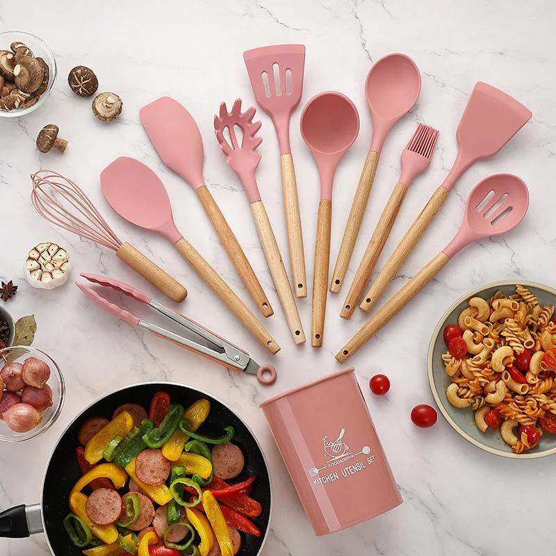 Silicone Cooking Utensils Set Non-Stick Spatula Shovel Wooden Handle Kitchenware with Storage Box 11Pcs Kitchen Accessories