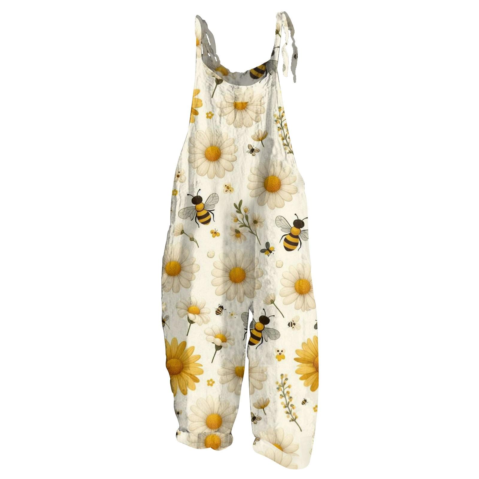 

Женский комбинезон с цветочным принтом, повседневный свободный ретро-бретелька из хлопка и льна XL бежевый