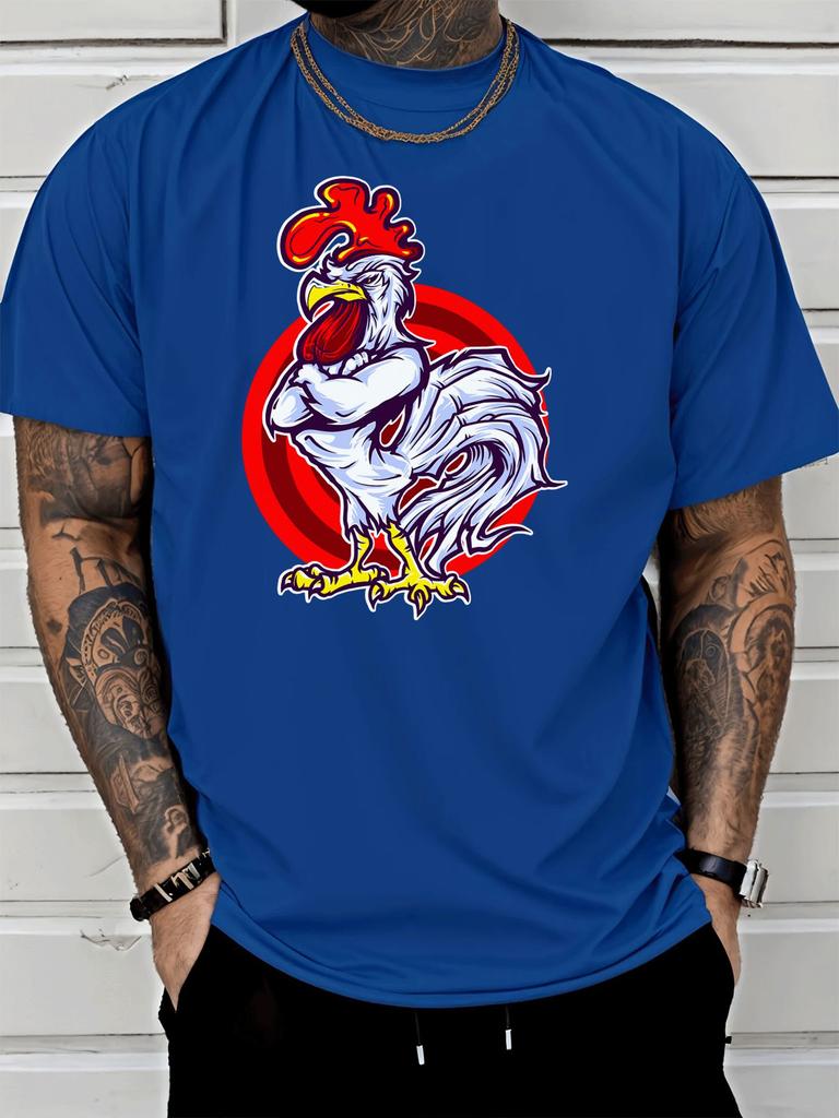Unisex Black Crew Neck Tee Tough Rooster Circle Graphic Print Loose Oversized Short Sleeve Unisexs Streetwear Summer Casual Basic Top