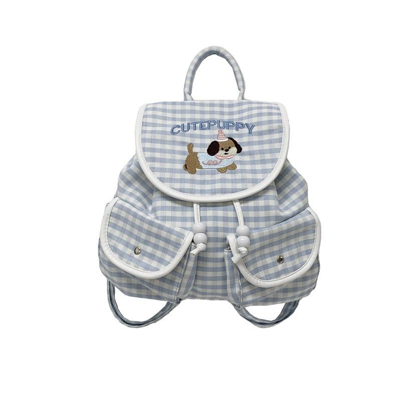 Cartoon Dog Embroidered Checkered Pattern Mini Backpack For Girls With Nylon Interior For Daily Use