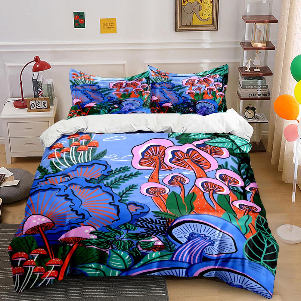 Vibrant Mushroom Forest Illustration Print Bedding Set 1 Duvet Cover 2 Pillowcases for Adult and Children Luxury Gift Full Size
