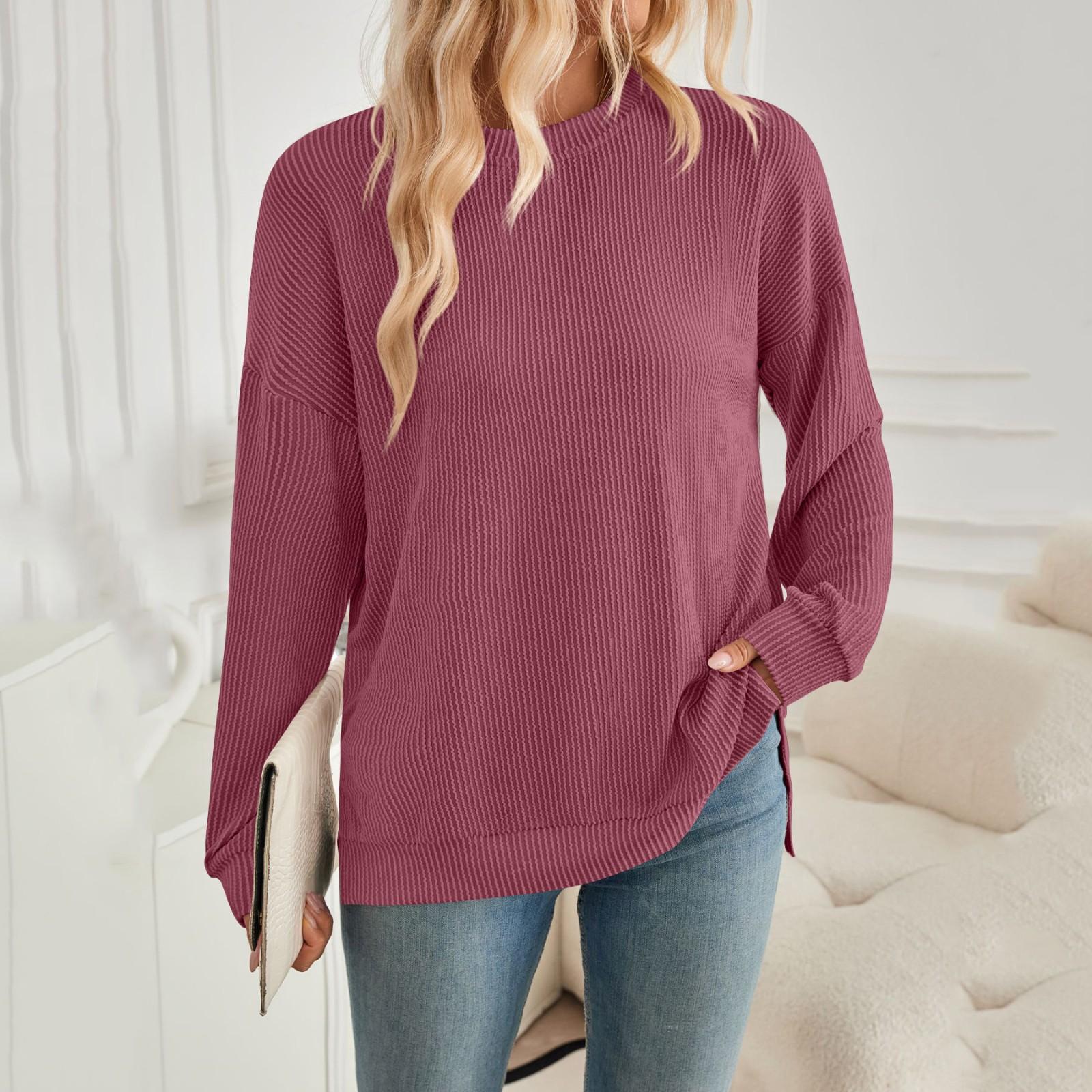 

Женская мода круглый вырез в полоску с разрезом длинный рукав свободный свитшот топ L винный