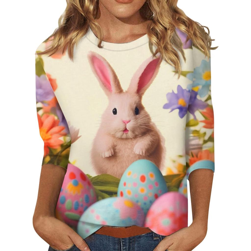 Damen Osterhasen T-Shirt Mode Langarm Rundhals Normales Oberteil Feiertagswochenende Print Floral Rot Frühling Herbst Outfit