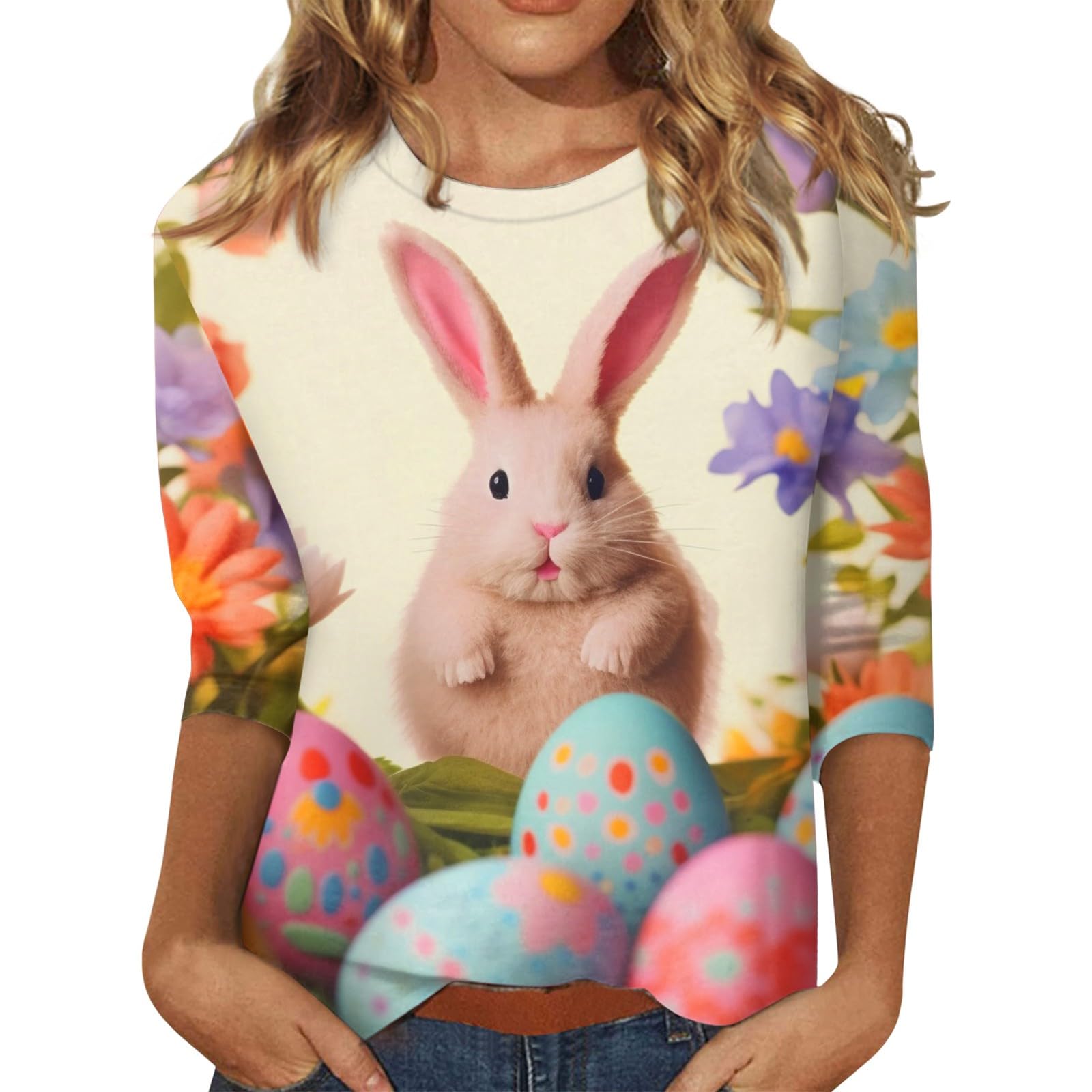 

Женская футболка с кроликом на Пасху, модный топ с длинным рукавом и круглым вырезом, обычного кроя, с принтом для праздничного уик-энда, цветочный красный, весенне-осенний наряд 3XL