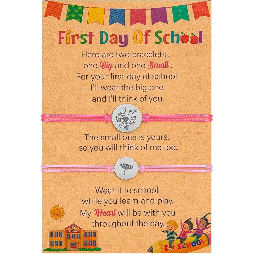

First Day of School Bracelet Mommy and Me, Prek Matching Wish Bracelets Set, Adjustable Bracelet for Boys Girls Gifts Stuff Bulk Dandelion - Pink