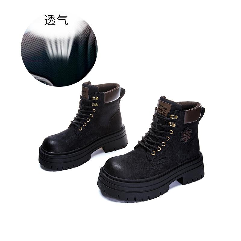 

Leather rhubarb boots for women s 2025 winter new thick-soled heightening Martin boots for women s versatile retro short boots, thin boots for women 35 чёрный