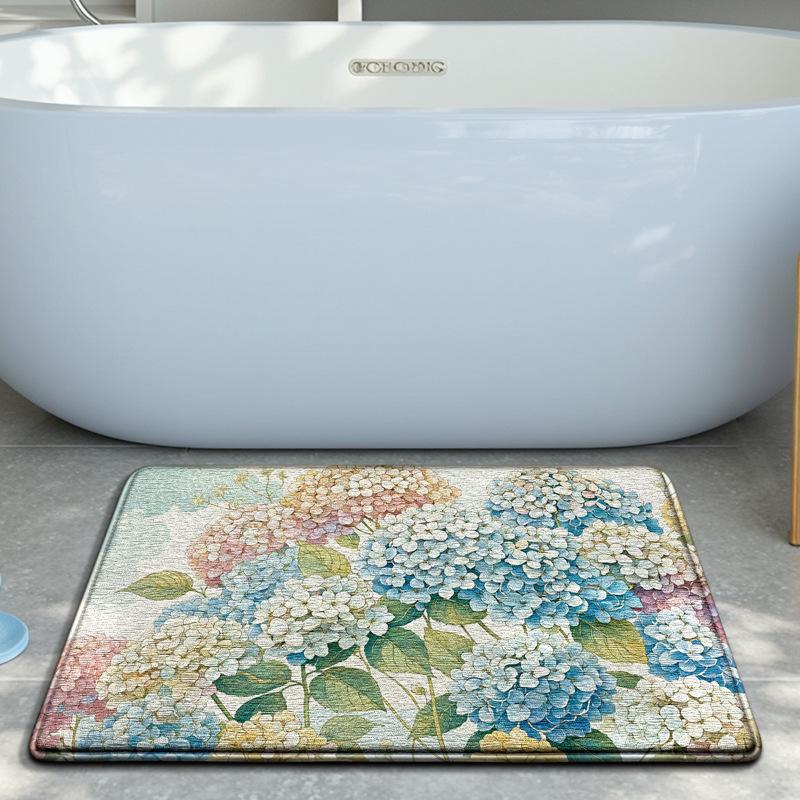 Floral Bath Mat Non-Slip Absorbent Quick Dry, Thick Sponge Bathroom Carpet, Small Fresh European Style Floor Rug for Bath Decor