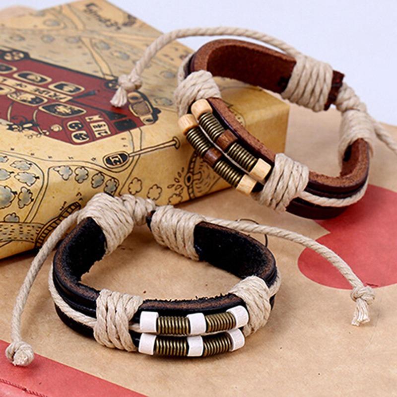 Men's Women's Punk Style Bangle Bronze Spring Wood Beads Weave Leather Bracelet