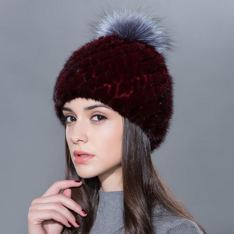 Women Winter Real Mink Fur Beanie Hat With Sliver Fox Pompom Warm Woven Knit Lined Caps Female Fashion Winter Hat