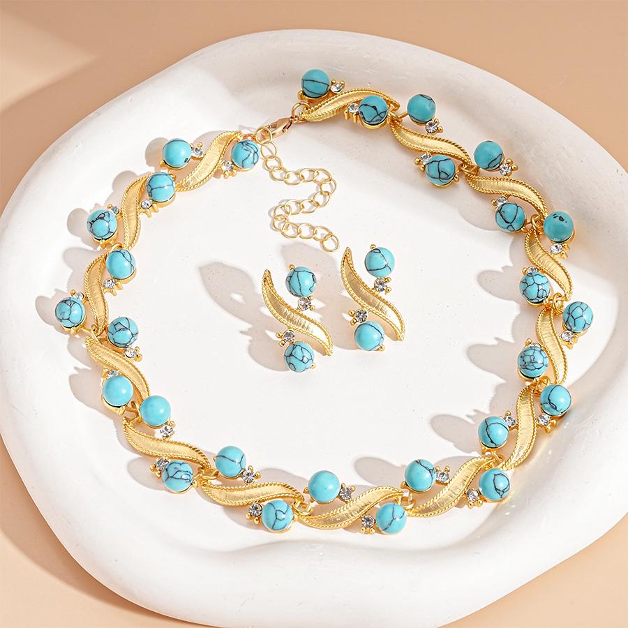 Diamond Turquoise Geometric Round Clavicle Necklace Court Style Niche Premium Necklace Set