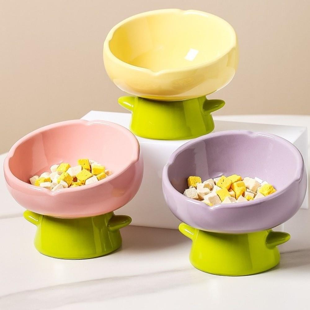 Flower Shaped Ceramic Cat Bowl Large-mouthed Anti-tipping Bowl High Foot Bowl  For Cats Dogs